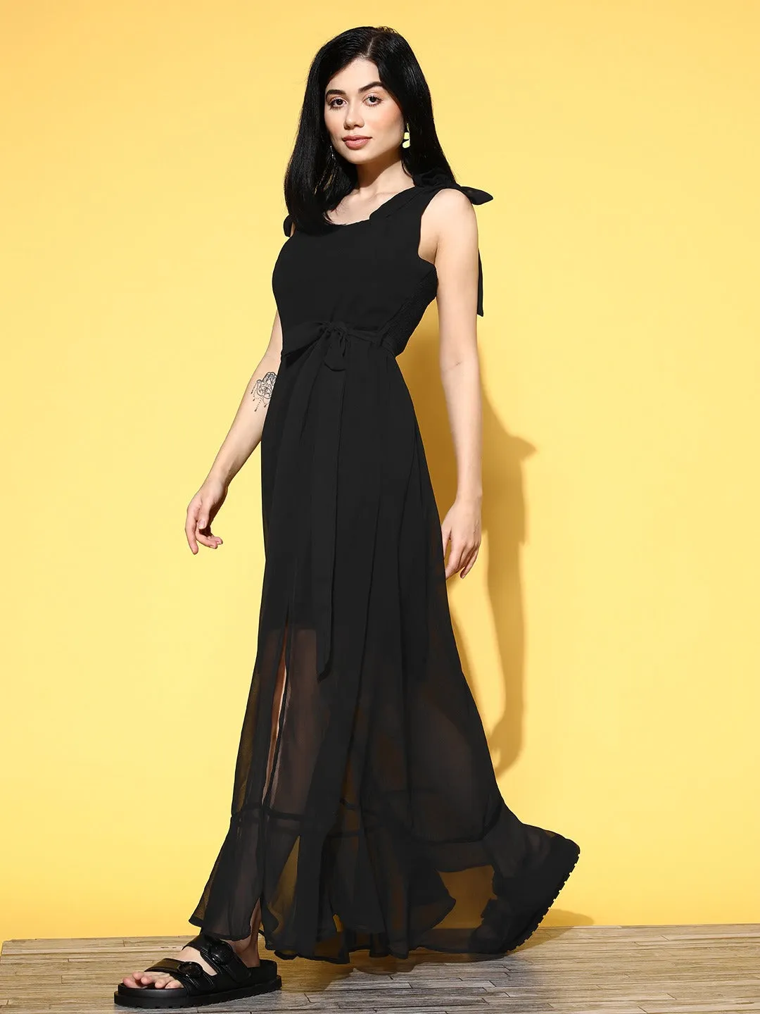 Berrylush Women Solid Black Square Neck Waist Tie-Up Cutout Georgette Flared A-Line Maxi Dress