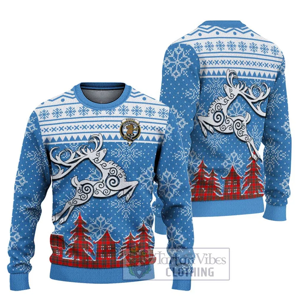 Binning Clan Christmas Ugly Sweater with Tartan and Celtic Reindeer Style