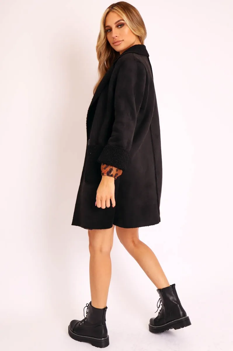 Black Faux Suede Shearling Coat - Izabella