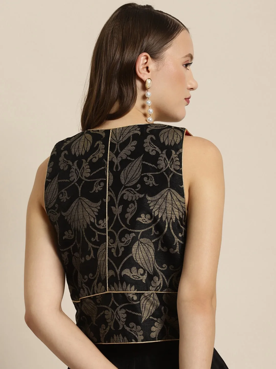 Black Jacquard Floral Sleeveless Waist Coat