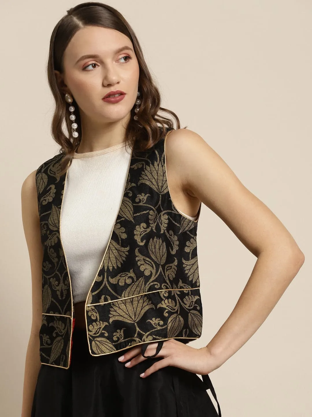 Black Jacquard Floral Sleeveless Waist Coat