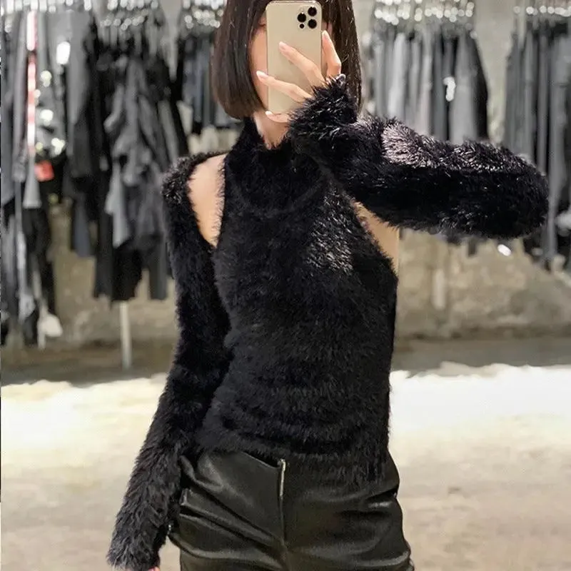 Black Plush Turtleneck Backless Sweater