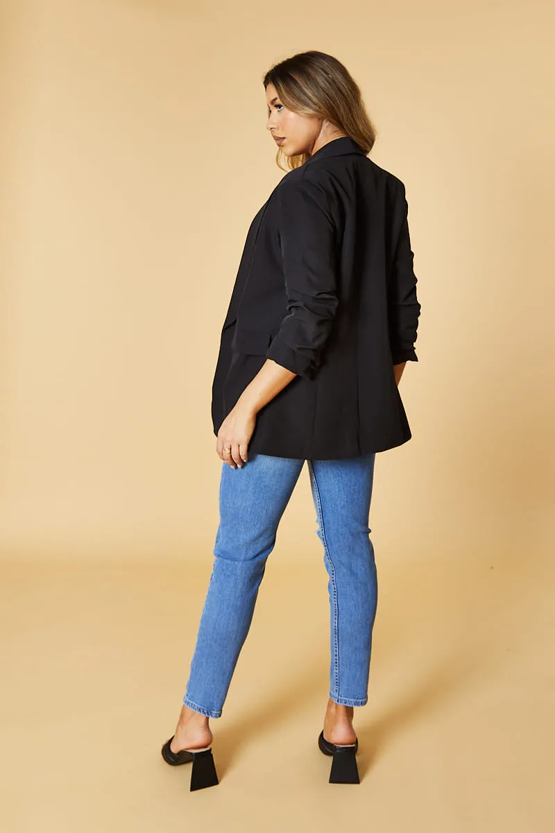 Black Ruched Sleeves Longline Blazer - Emica