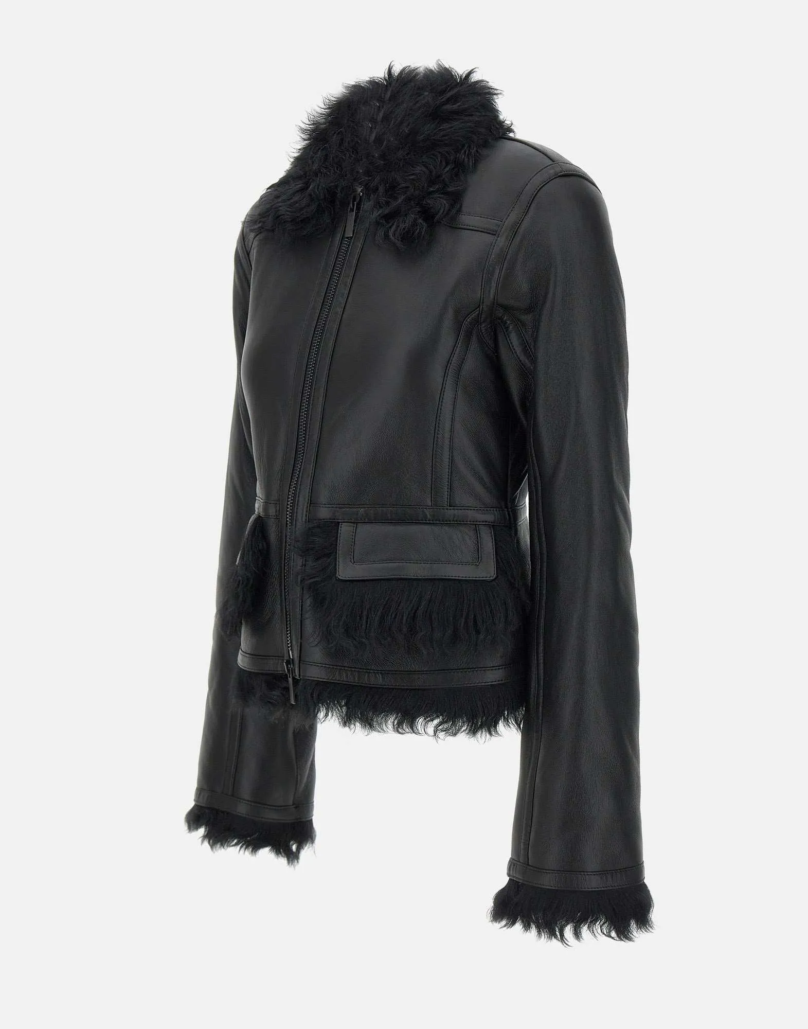 Black Short Shearling Jacket with Bell Sleeves