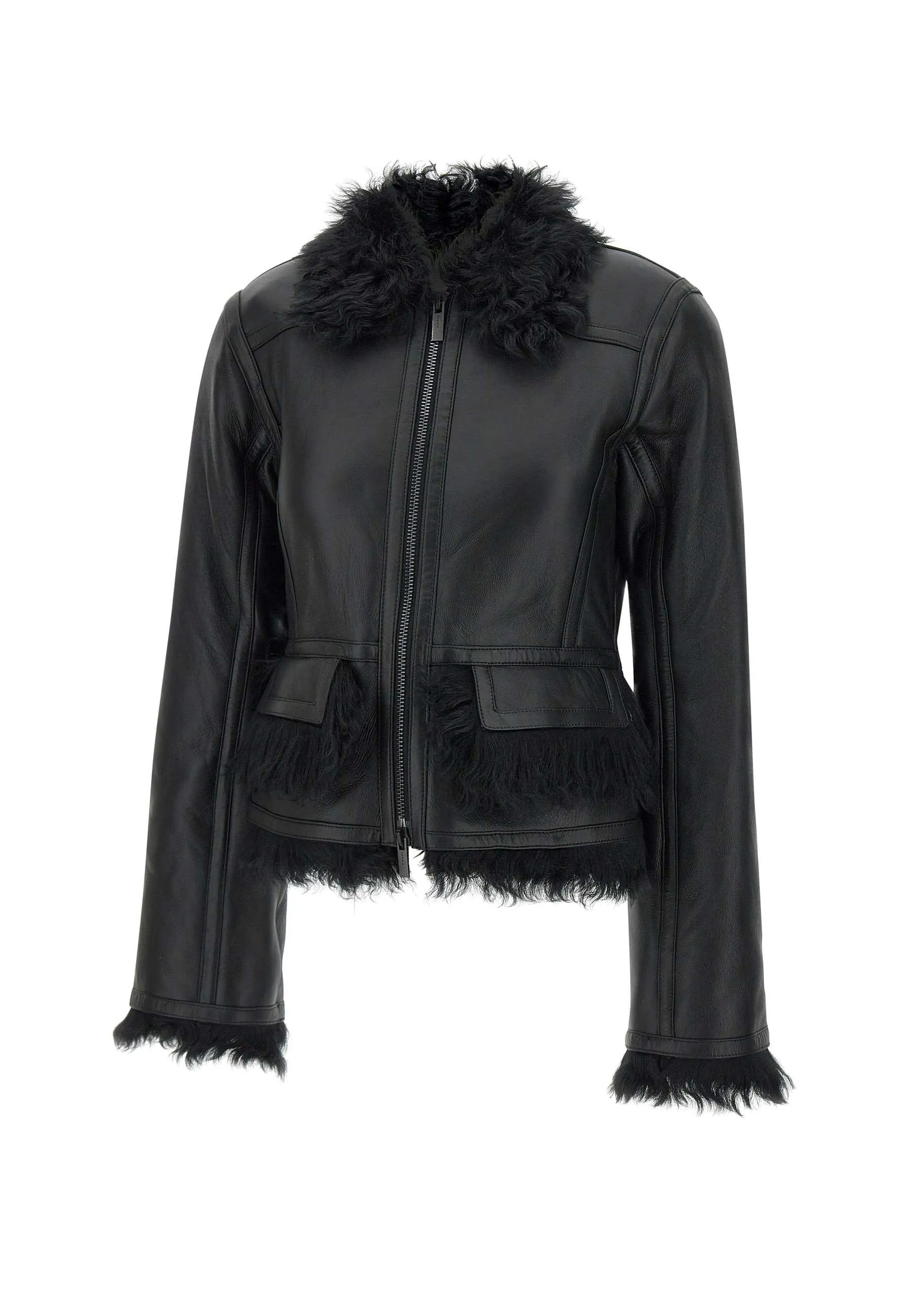 Black Short Shearling Jacket with Bell Sleeves