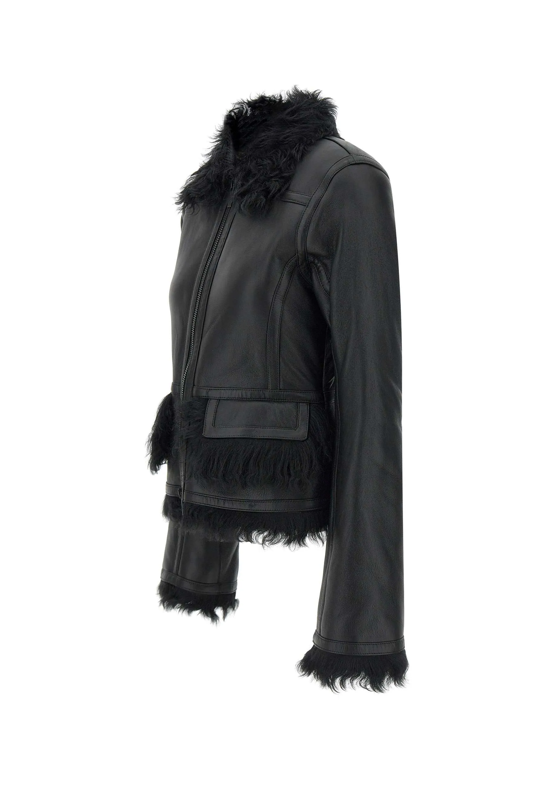 Black Short Shearling Jacket with Bell Sleeves