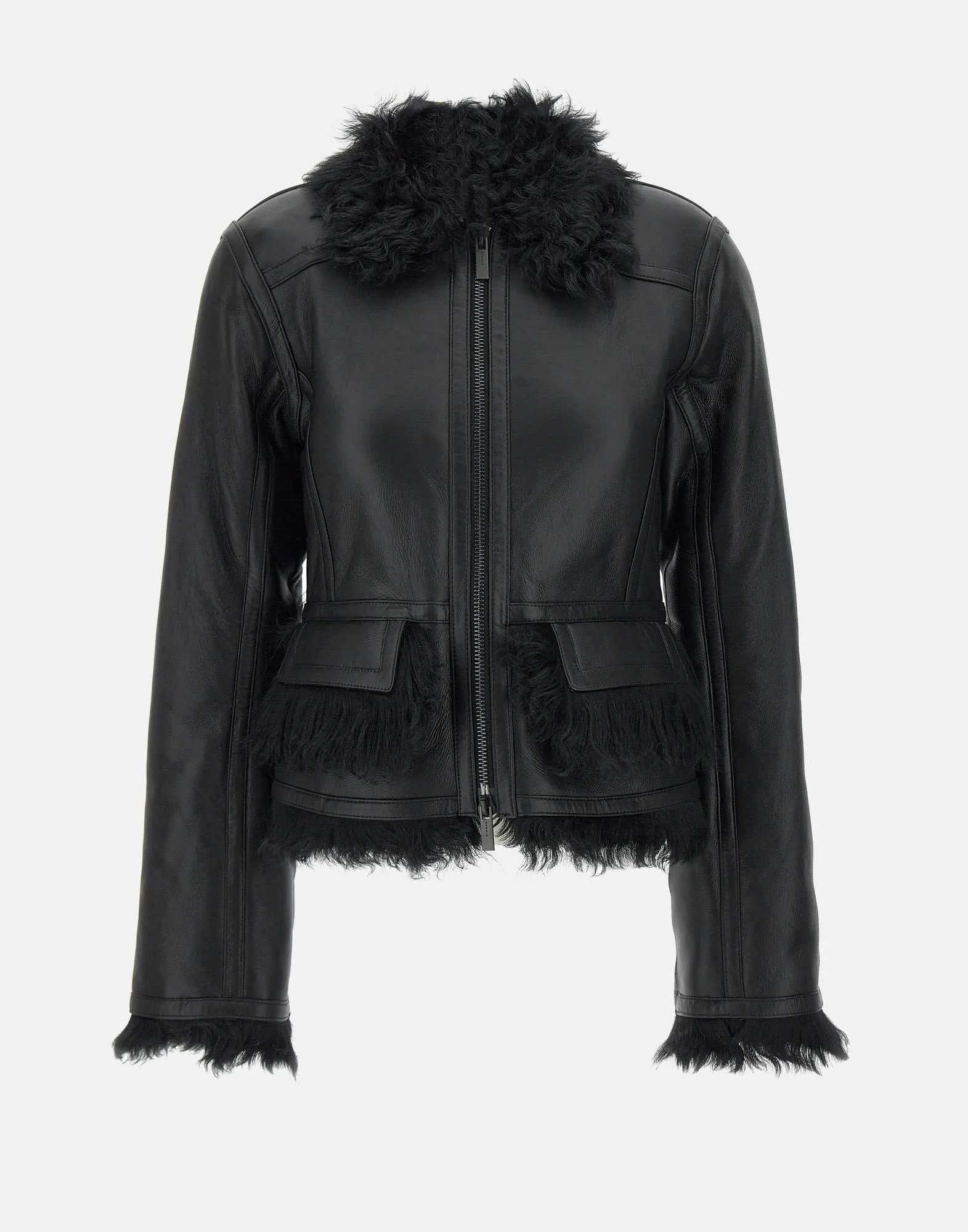 Black Short Shearling Jacket with Bell Sleeves