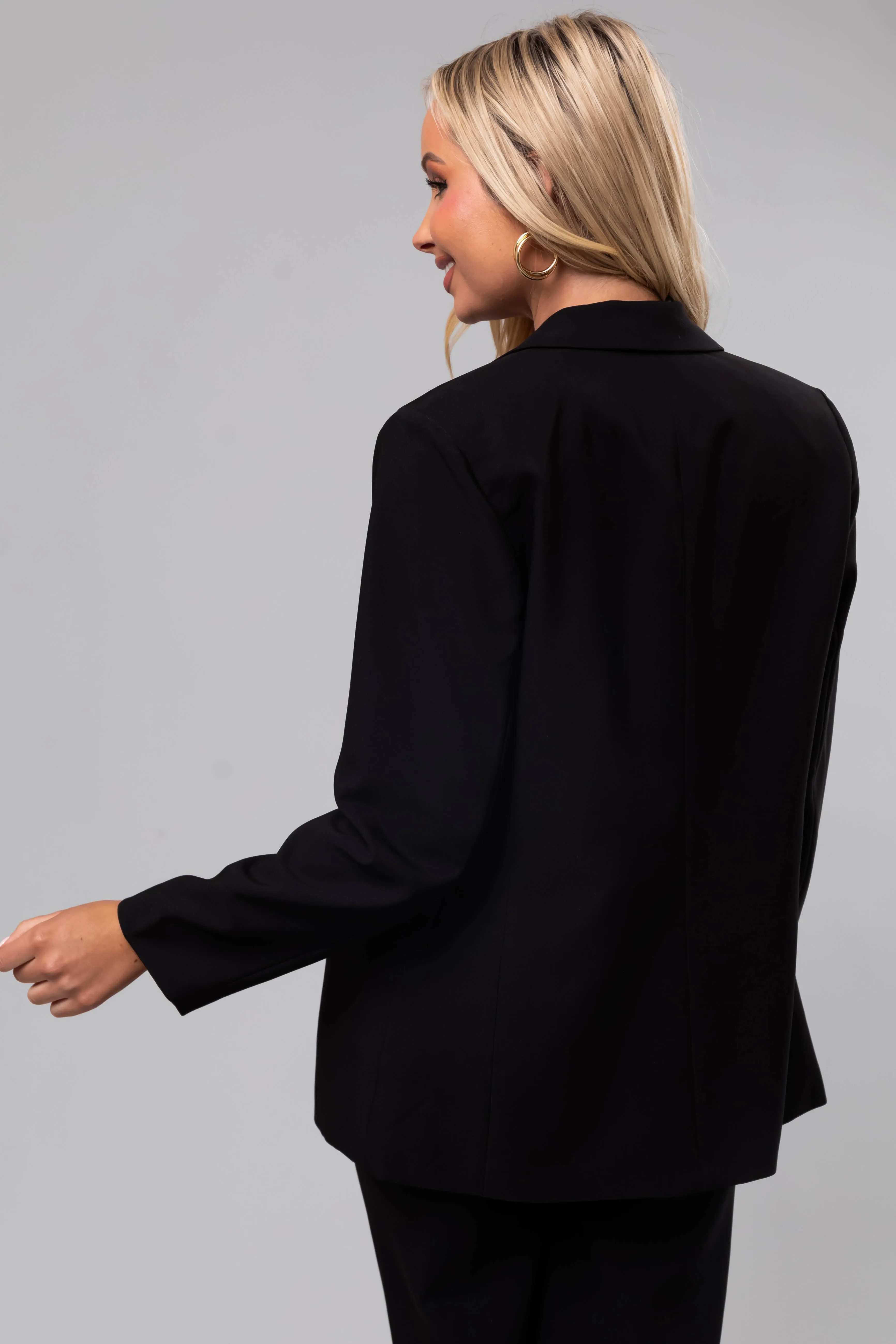 Black Solid Double Button Long Blazer