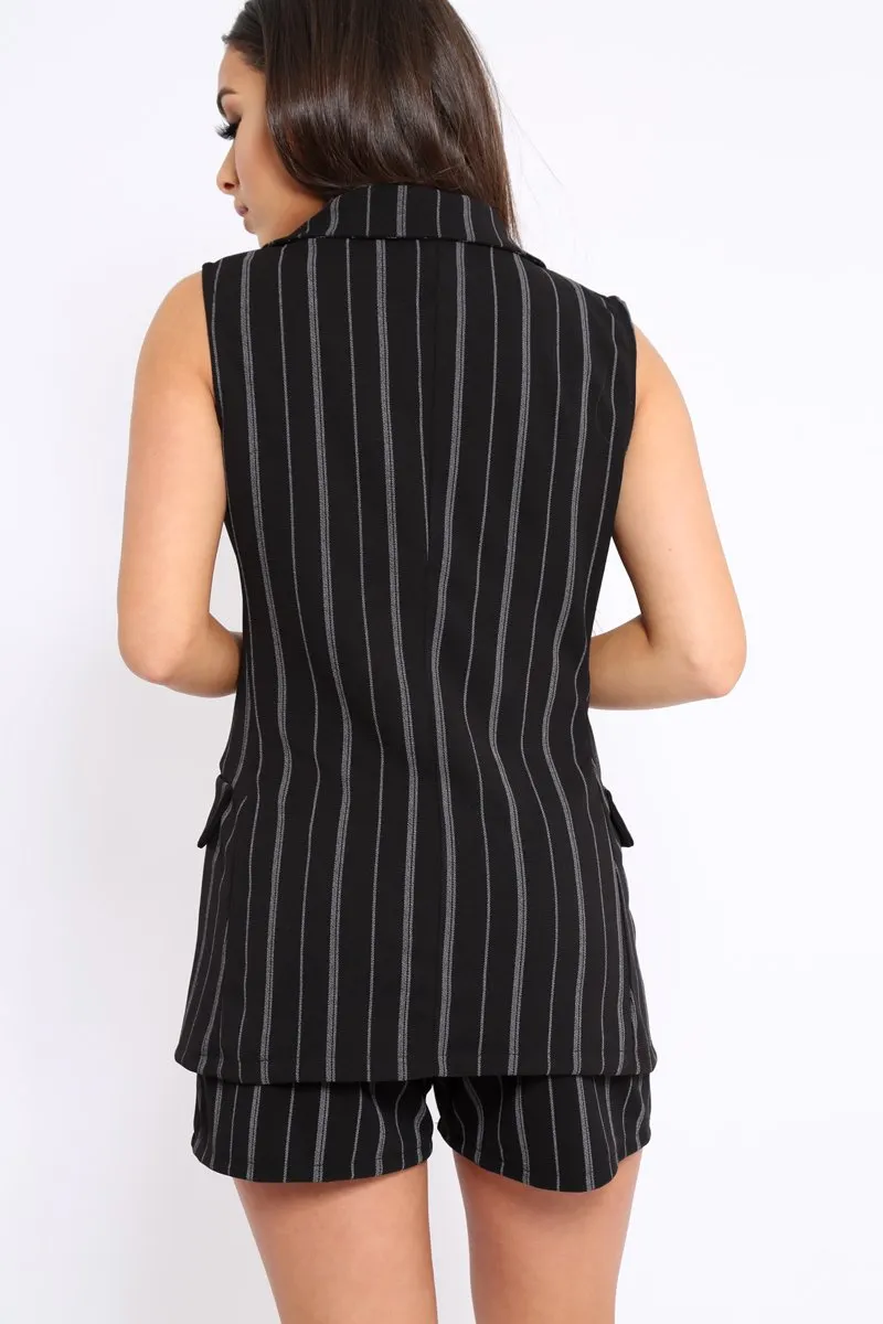 Black Stripe Sleeveless Blazer - Sherley