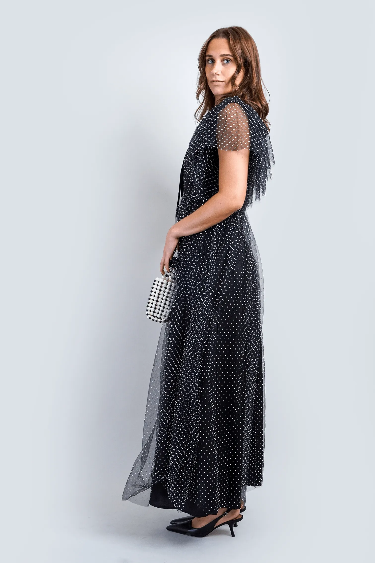 Black White Polka Dot Tulle Maxi Dress