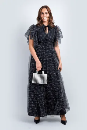 Black White Polka Dot Tulle Maxi Dress