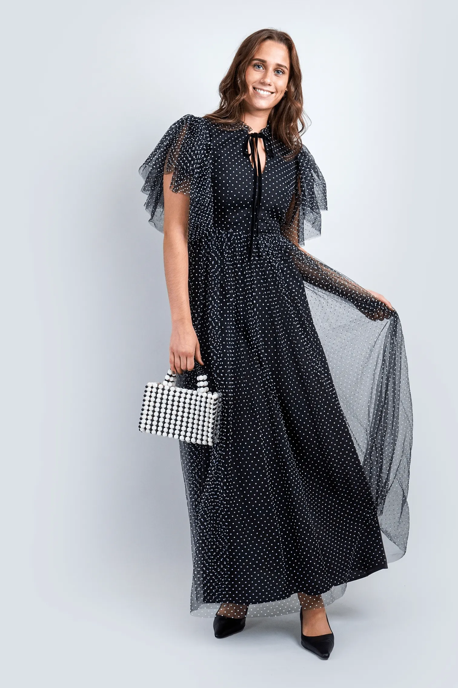 Black White Polka Dot Tulle Maxi Dress