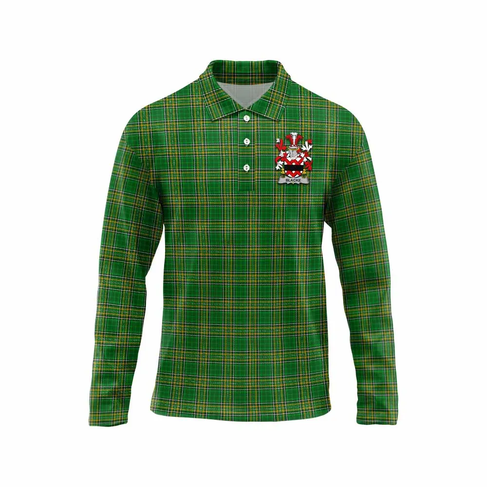 Blacke Irish Clan Tartan Long Sleeve Polo Shirt with Coat of Arms