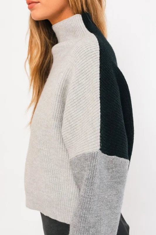 Bohemian Color Block Oversized Cropped Mock Neck Sweater