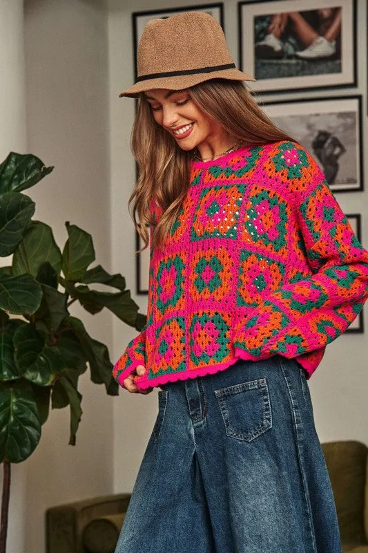 Bohemian Crochet Patchwork Round Neck Pullover Sweater Top