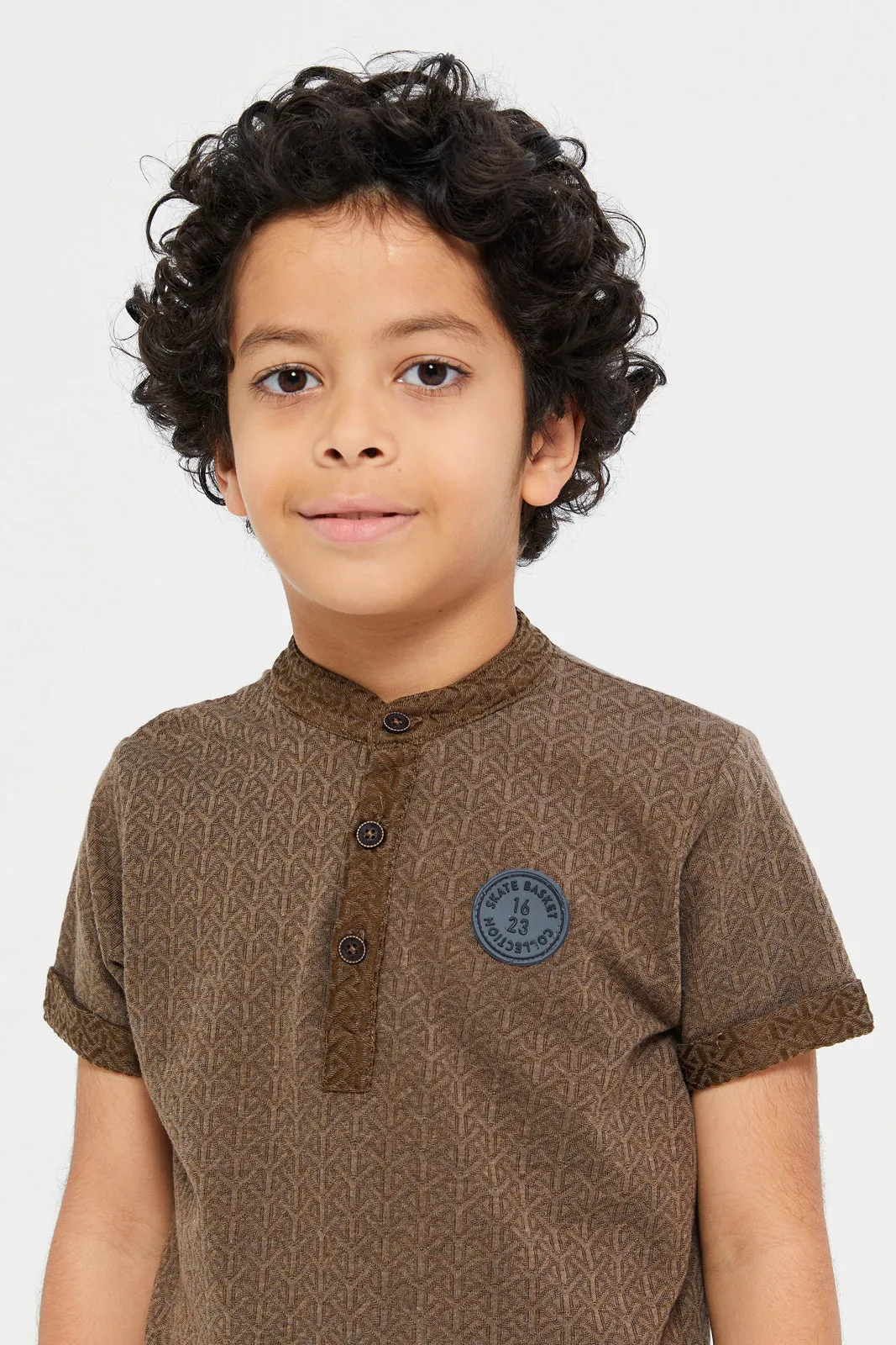 Boys Brown Henley Jacquard Short Sleeve T-Shirt