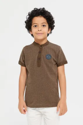 Boys Brown Henley Jacquard Short Sleeve T-Shirt