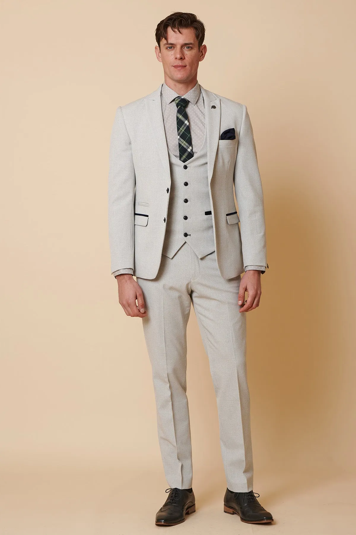 BROMLEY - Stone Check Three Piece Suit