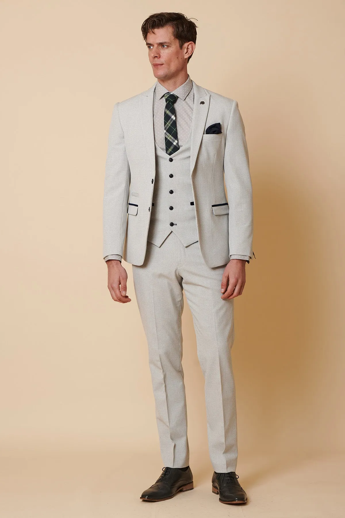 BROMLEY - Stone Check Three Piece Suit