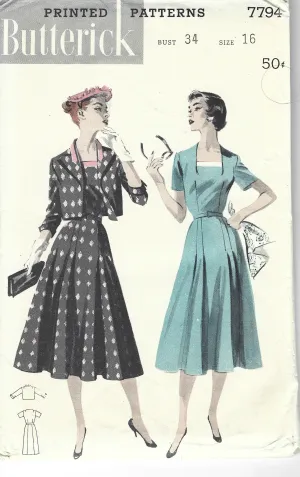 Butterick 7794 Pleated Dress Bolero Jacket Vintage Sewing Pattern 1950s