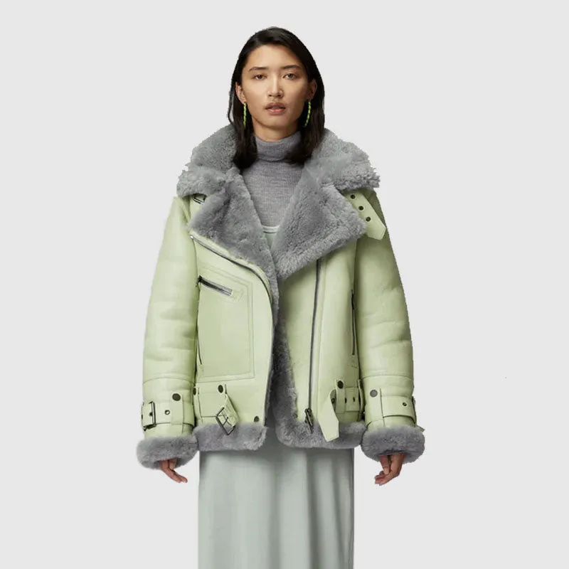 Buy New 2022 Style Women Green RAF Aviator Styled Sheepskin Shearling Leather Jacket