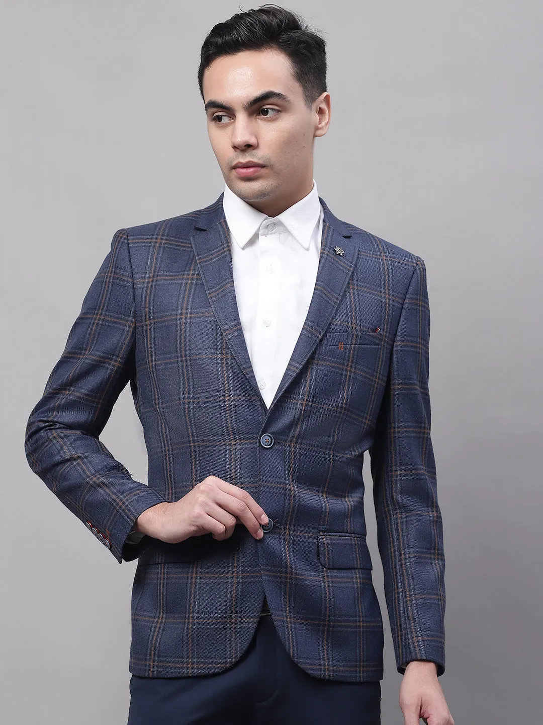 Cantabil Blue Checkered Full Sleeves Formal Blazer For Men