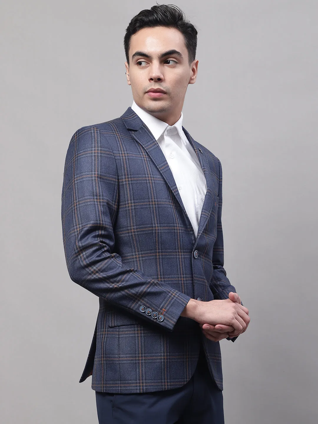 Cantabil Blue Checkered Full Sleeves Formal Blazer For Men