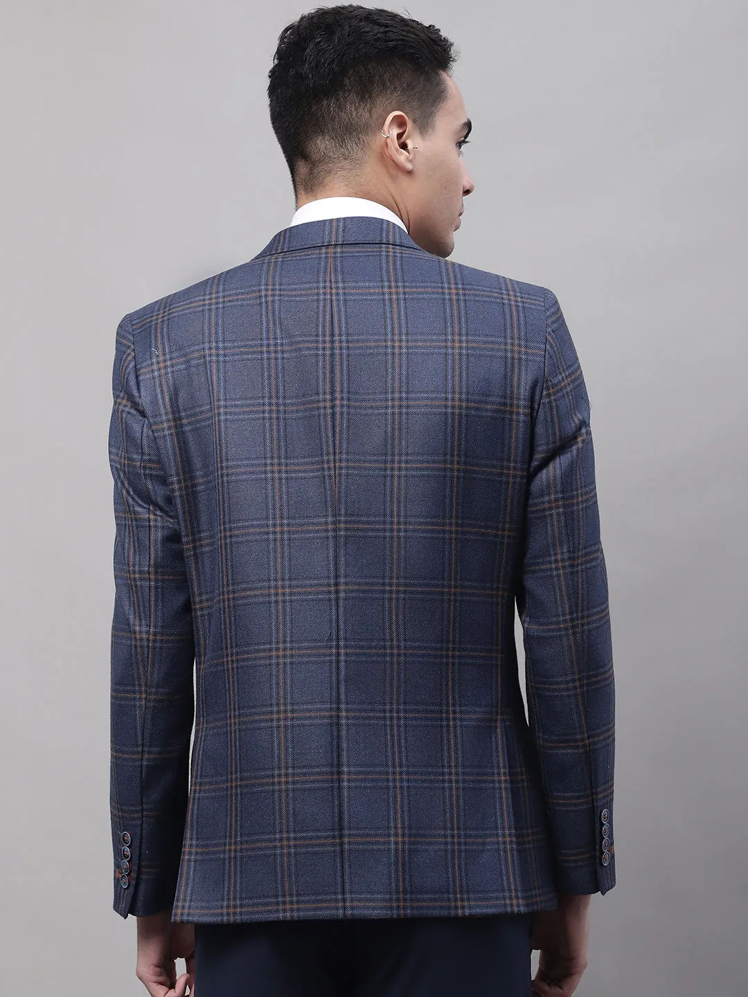 Cantabil Blue Checkered Full Sleeves Formal Blazer For Men