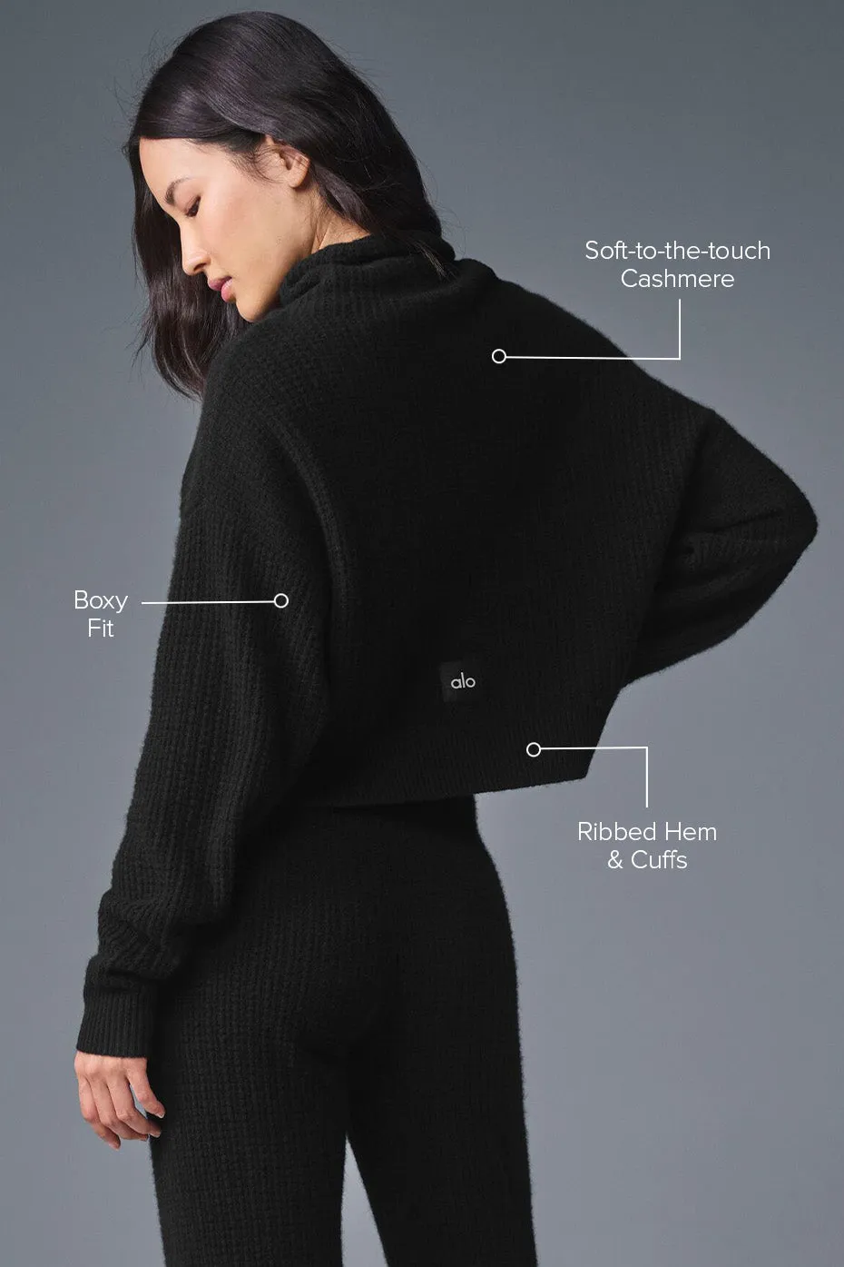 Cashmere Plush Waffle Turtleneck Pullover - Black