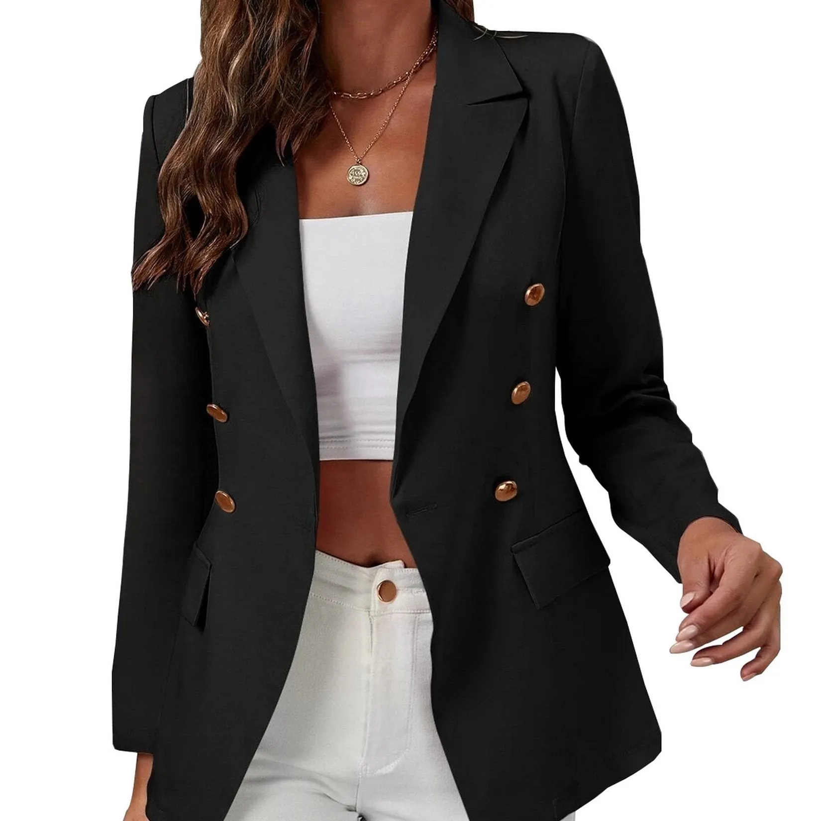 Casual Blazer Slim Fit Double Breasted Work Office Blazer Solid Button Coat