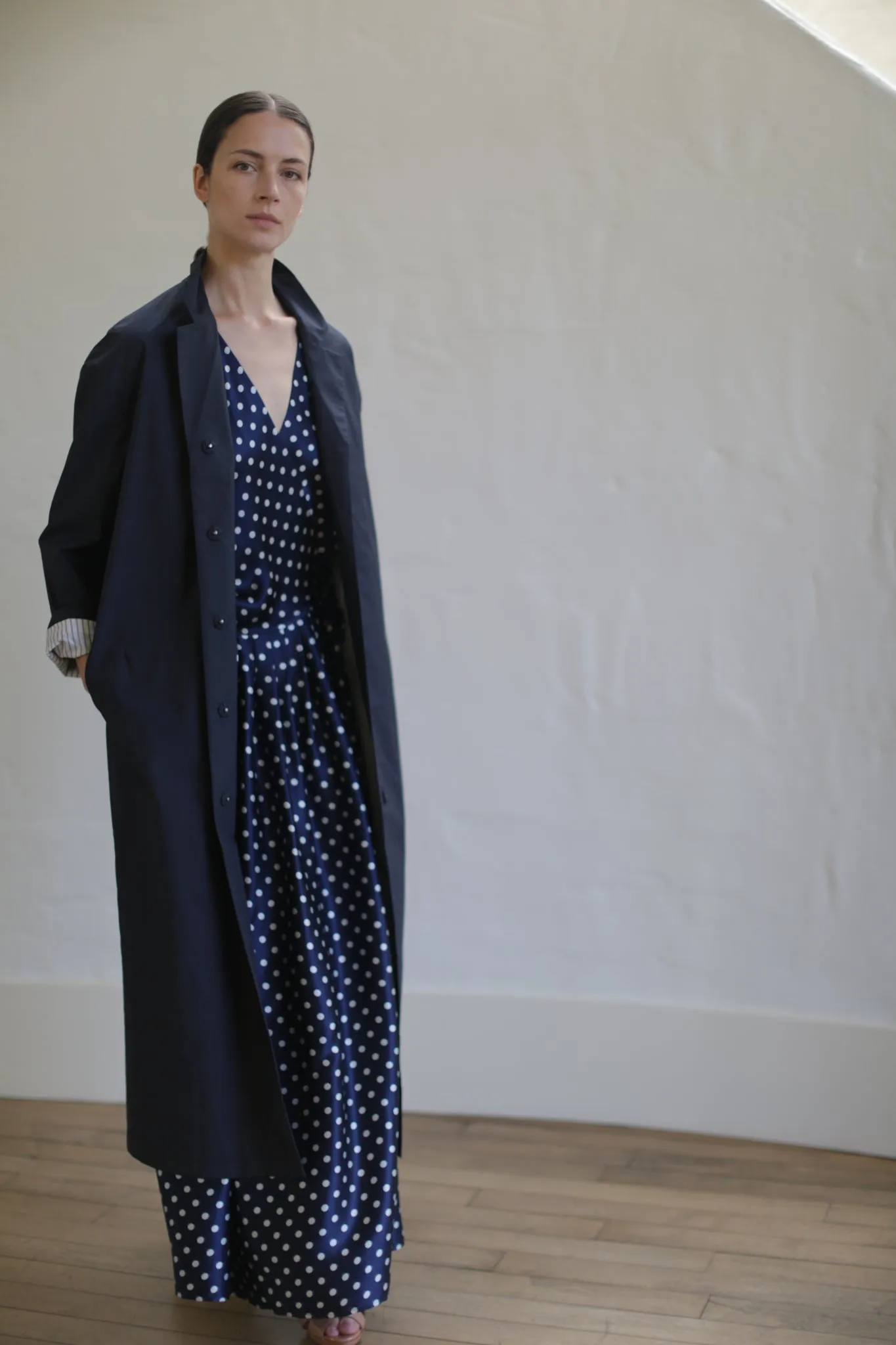 Charmeuse Wrap Dress | Navy Polkadot