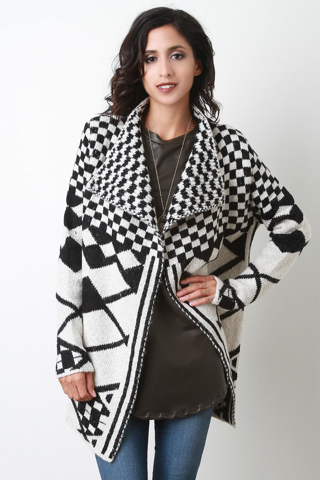 Checker Flap Collar Cardigan