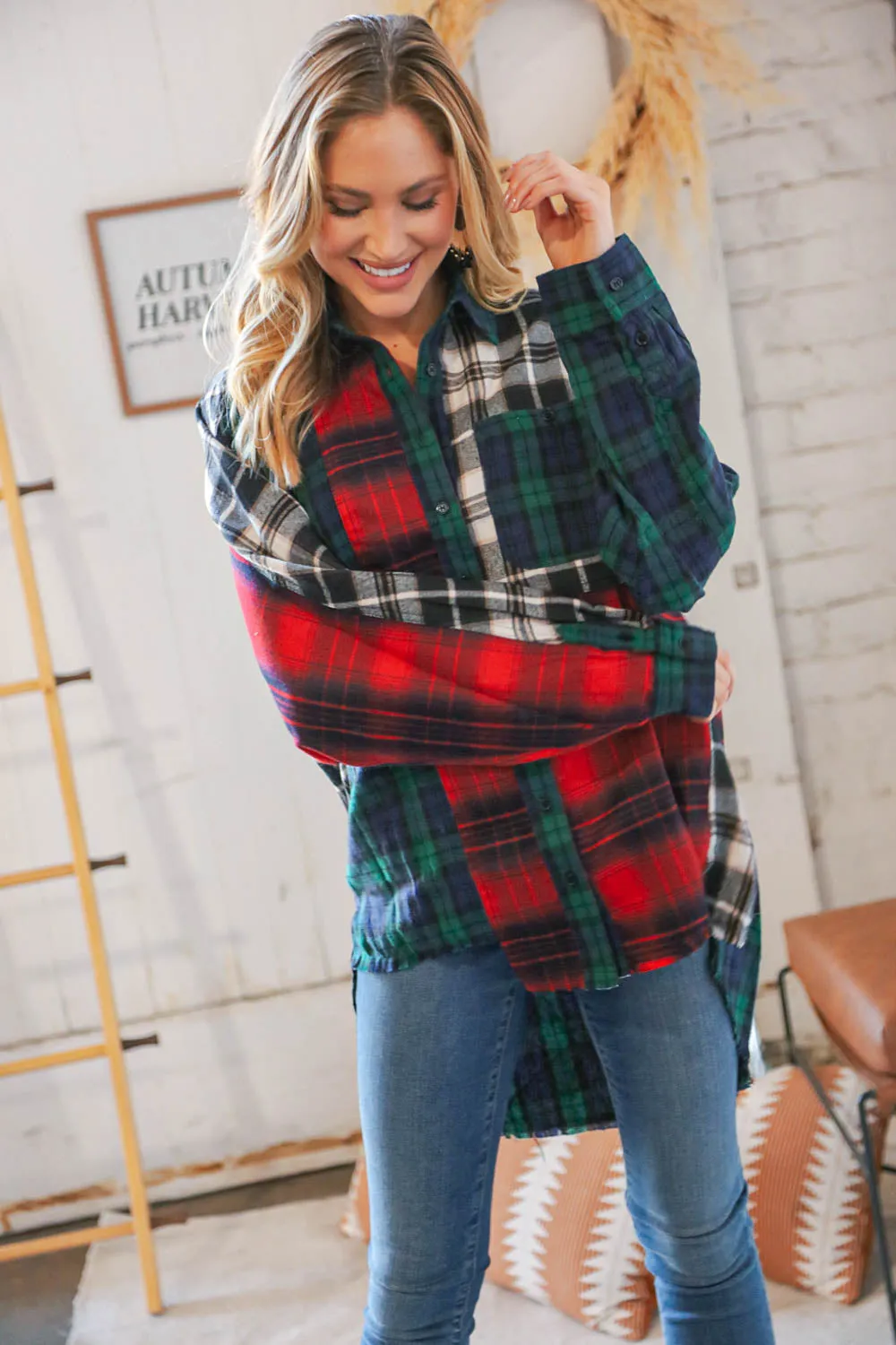 Christmas Plaid Cotton Color Block Cut-Edge Shacket