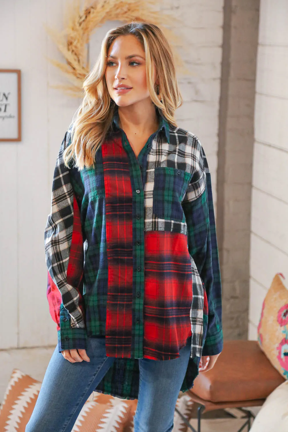 Christmas Plaid Cotton Color Block Cut-Edge Shacket