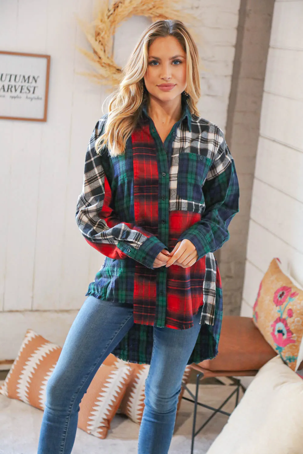 Christmas Plaid Cotton Color Block Cut-Edge Shacket