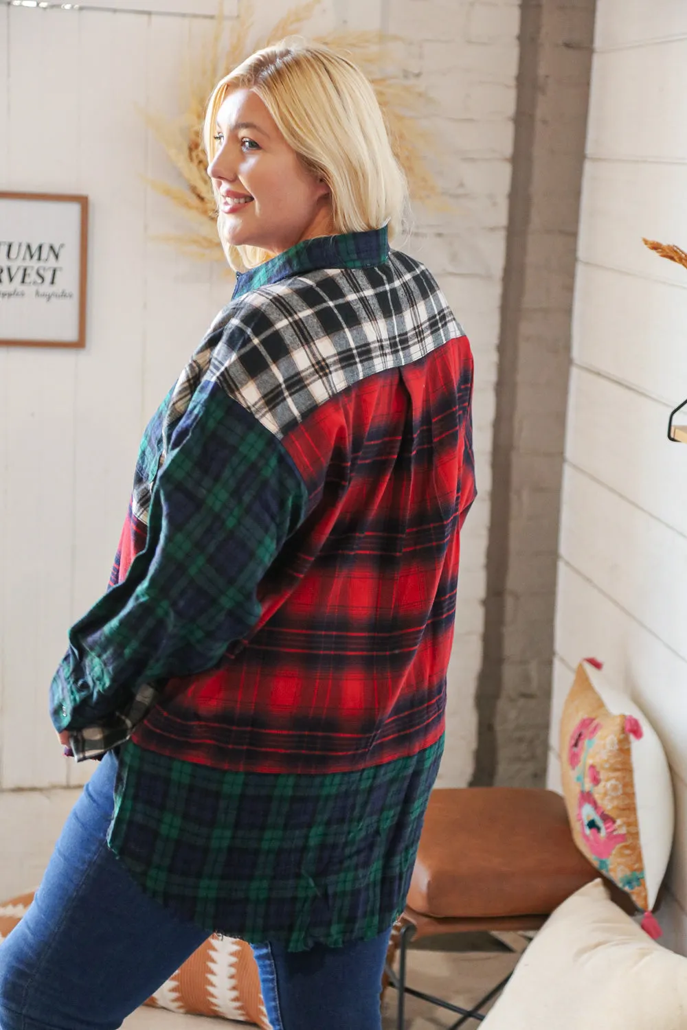 Christmas Plaid Cotton Color Block Cut-Edge Shacket