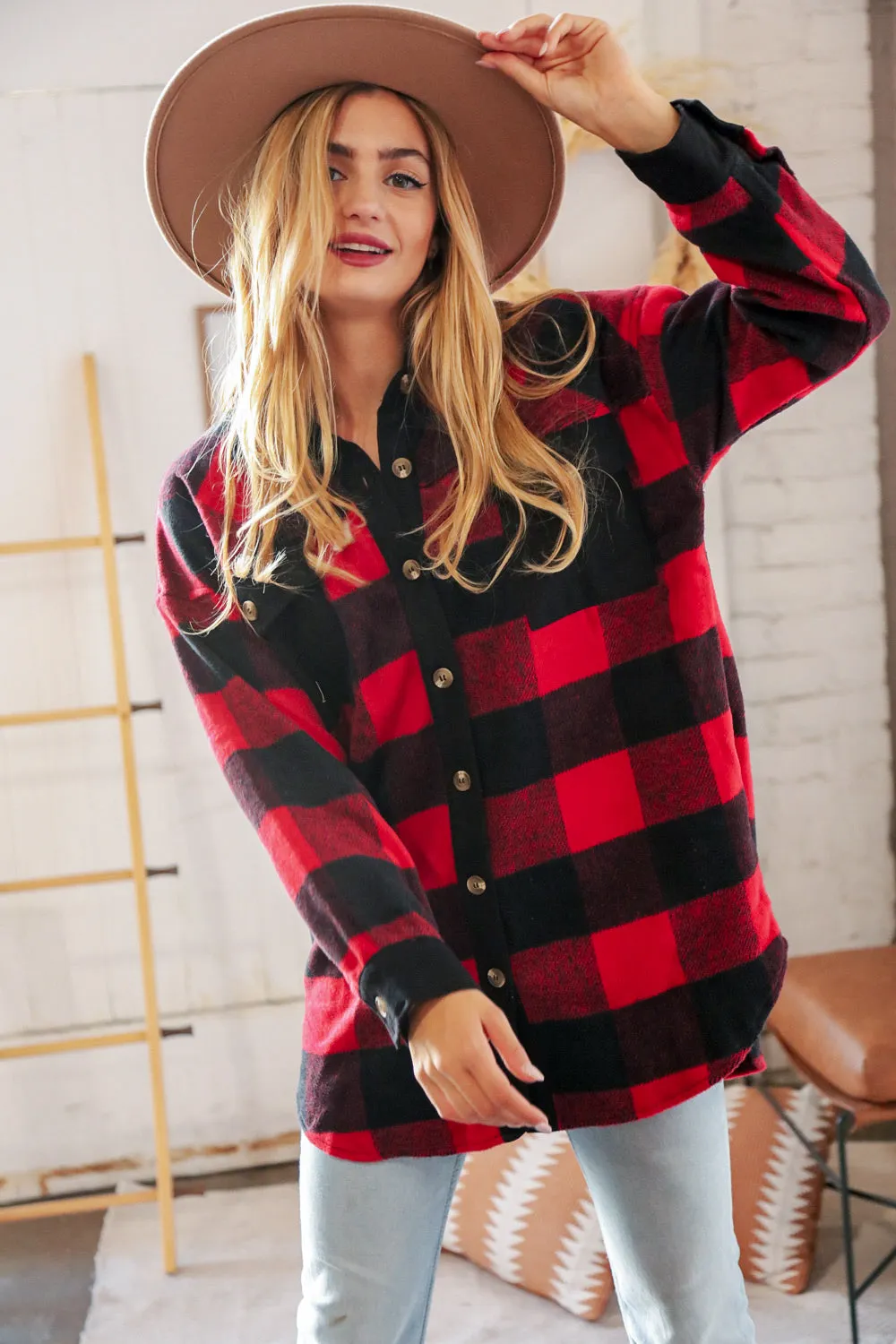 Christmas Red Flannel Plaid Button Down Shacket