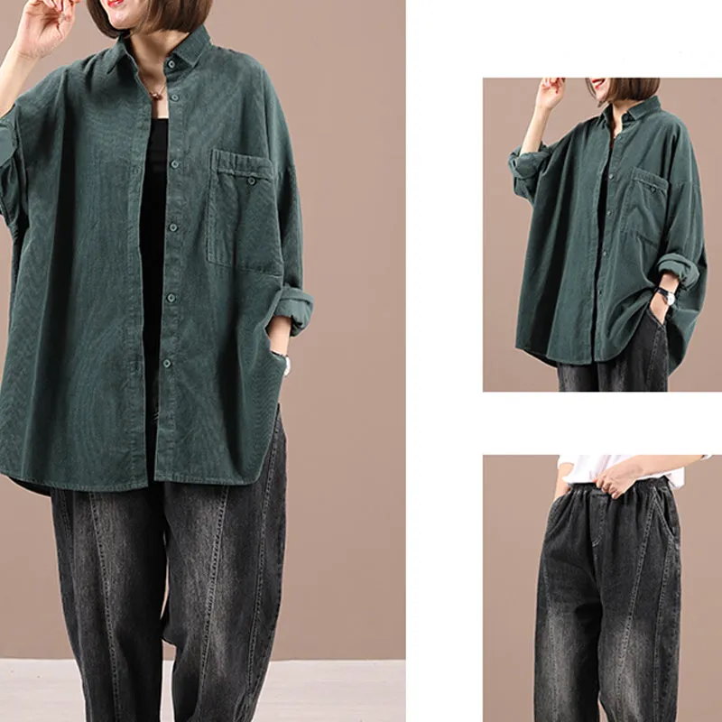 Collared Shirt Relaxed Fit Jacket With Pocket, Long-Sleeve Cotton Button-Up Jack, Solid Color Petite Coats