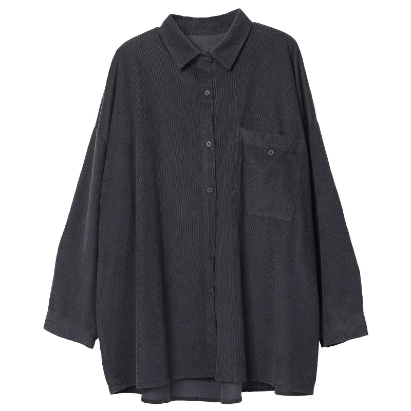 Collared Shirt Relaxed Fit Jacket With Pocket, Long-Sleeve Cotton Button-Up Jack, Solid Color Petite Coats