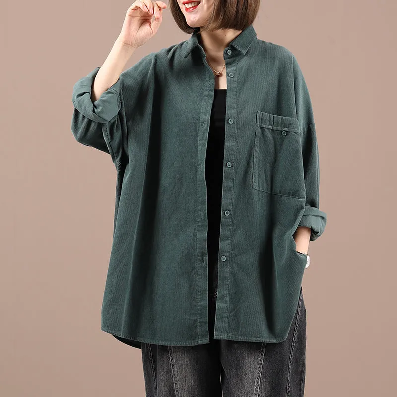 Collared Shirt Relaxed Fit Jacket With Pocket, Long-Sleeve Cotton Button-Up Jack, Solid Color Petite Coats