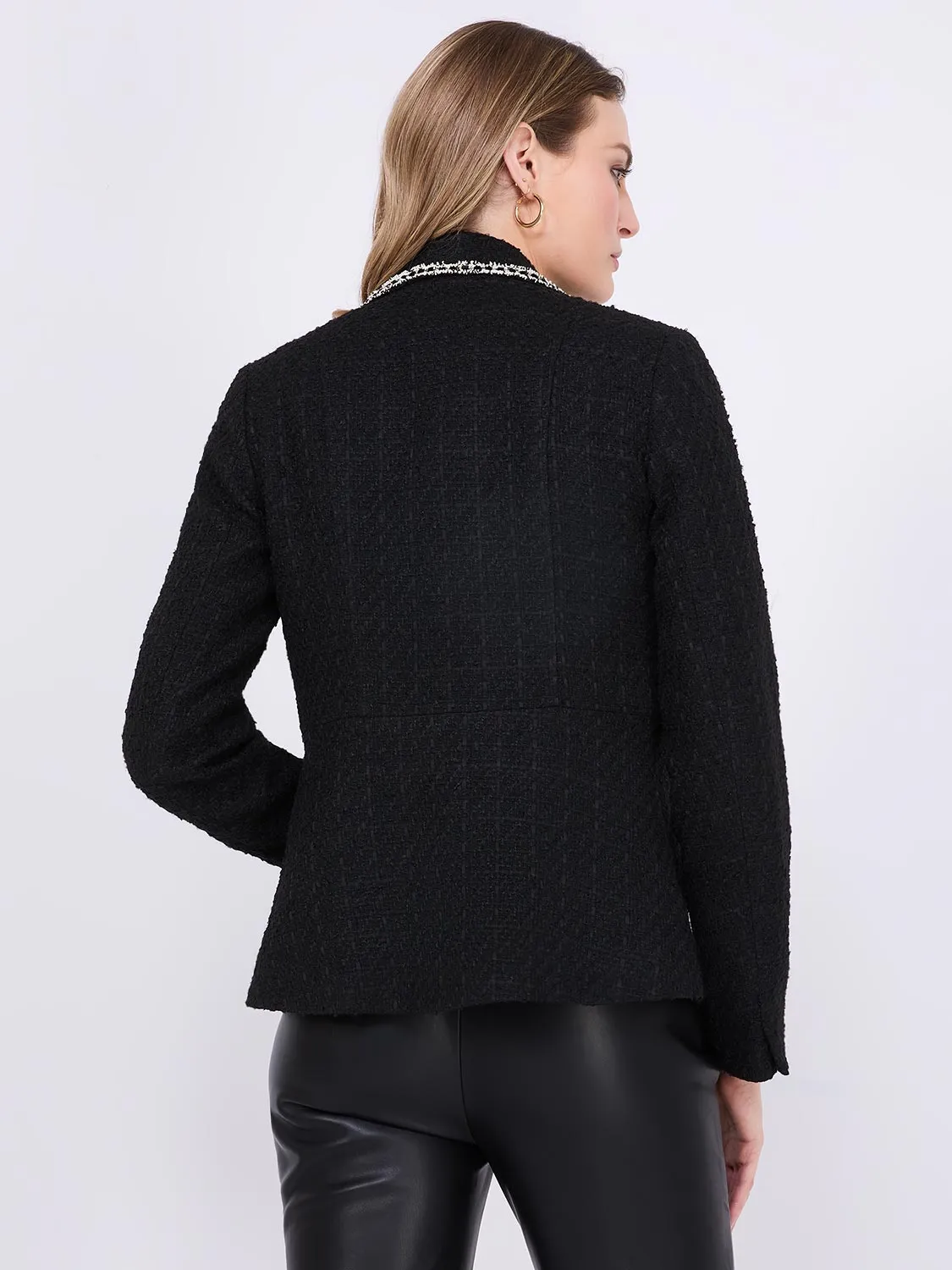 Contrast Trim Faux Double-Breasted Boucle Blazer