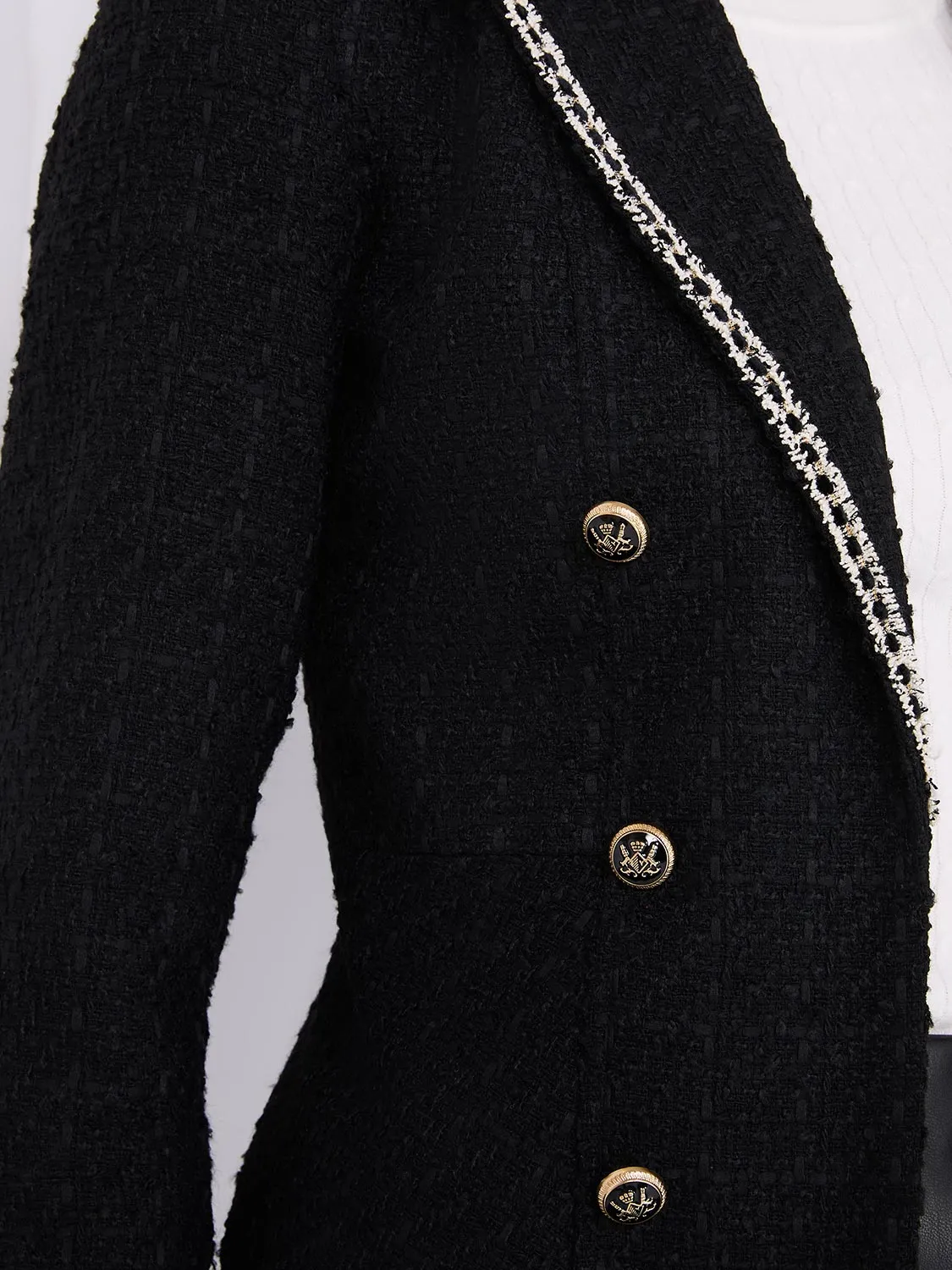 Contrast Trim Faux Double-Breasted Boucle Blazer