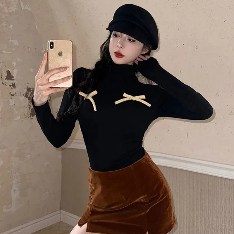 Coquette Y2k Clothes Girl Cute T Shirts Bows Turtleneck Long Sleeve Tops Spring 2024 Women Korean Fashion P85-BB17