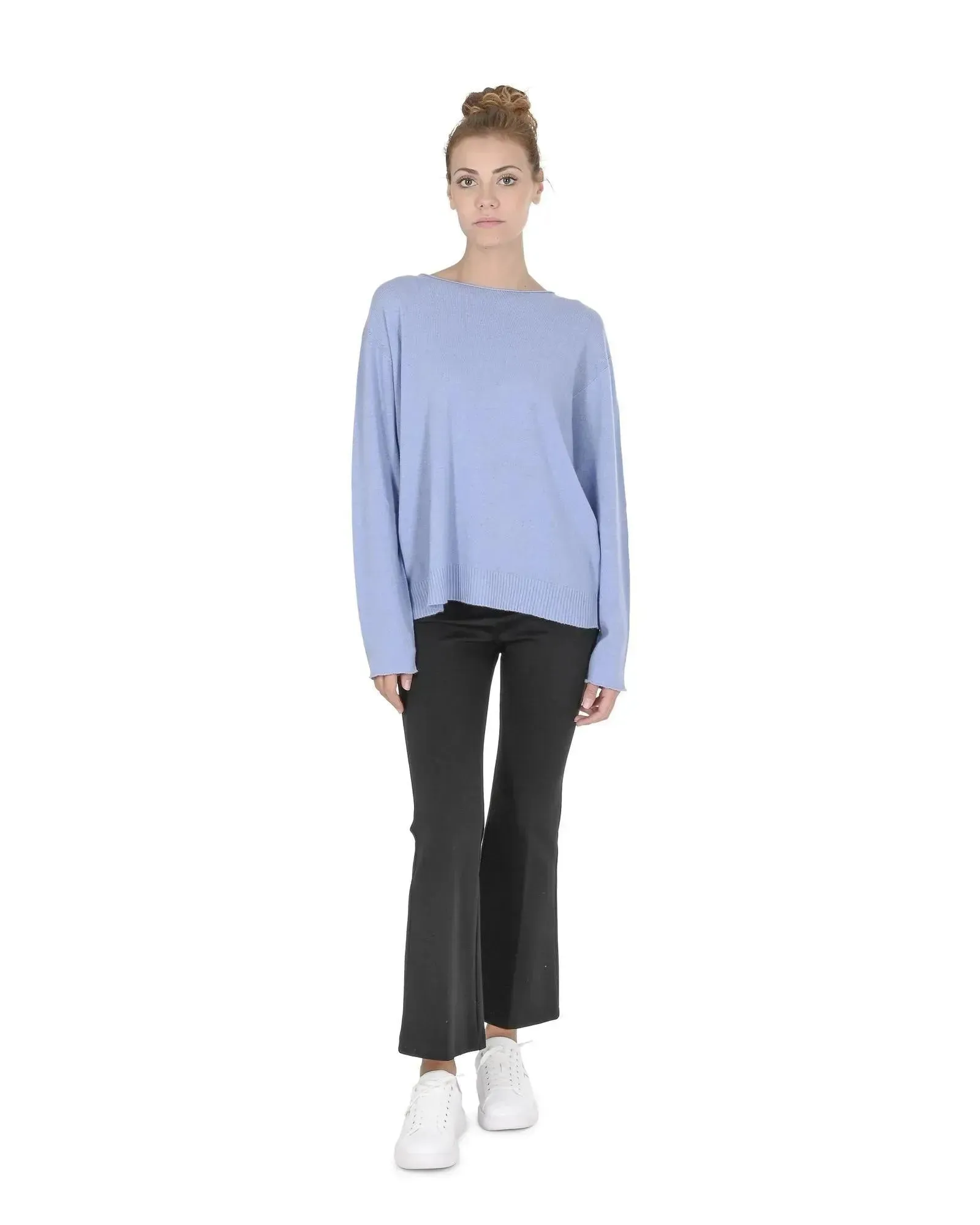 Crown of Edinburgh Cashmere Women's Cashmere Boatneck Sweater in Sky blue - XL