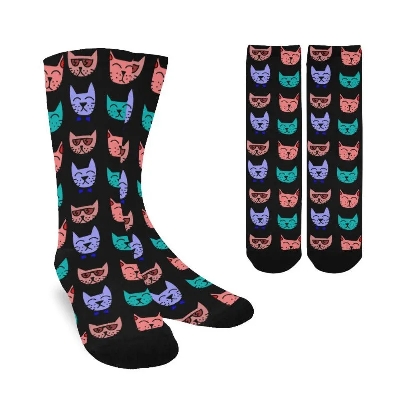 Cute Cat Print Women's Crew Socks Gifts For Cat Lady