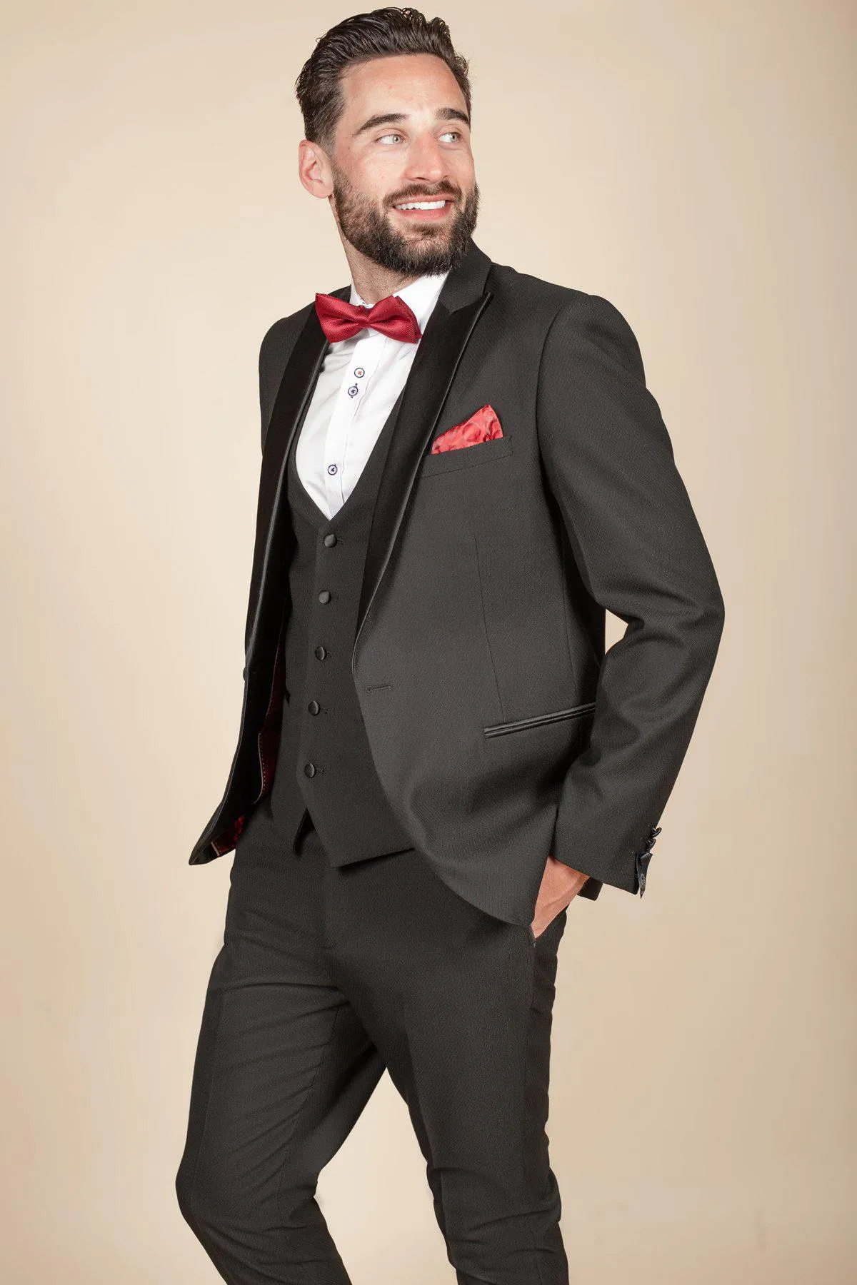 DALTON - Black Tux Lapel Diamond Three Piece Suit