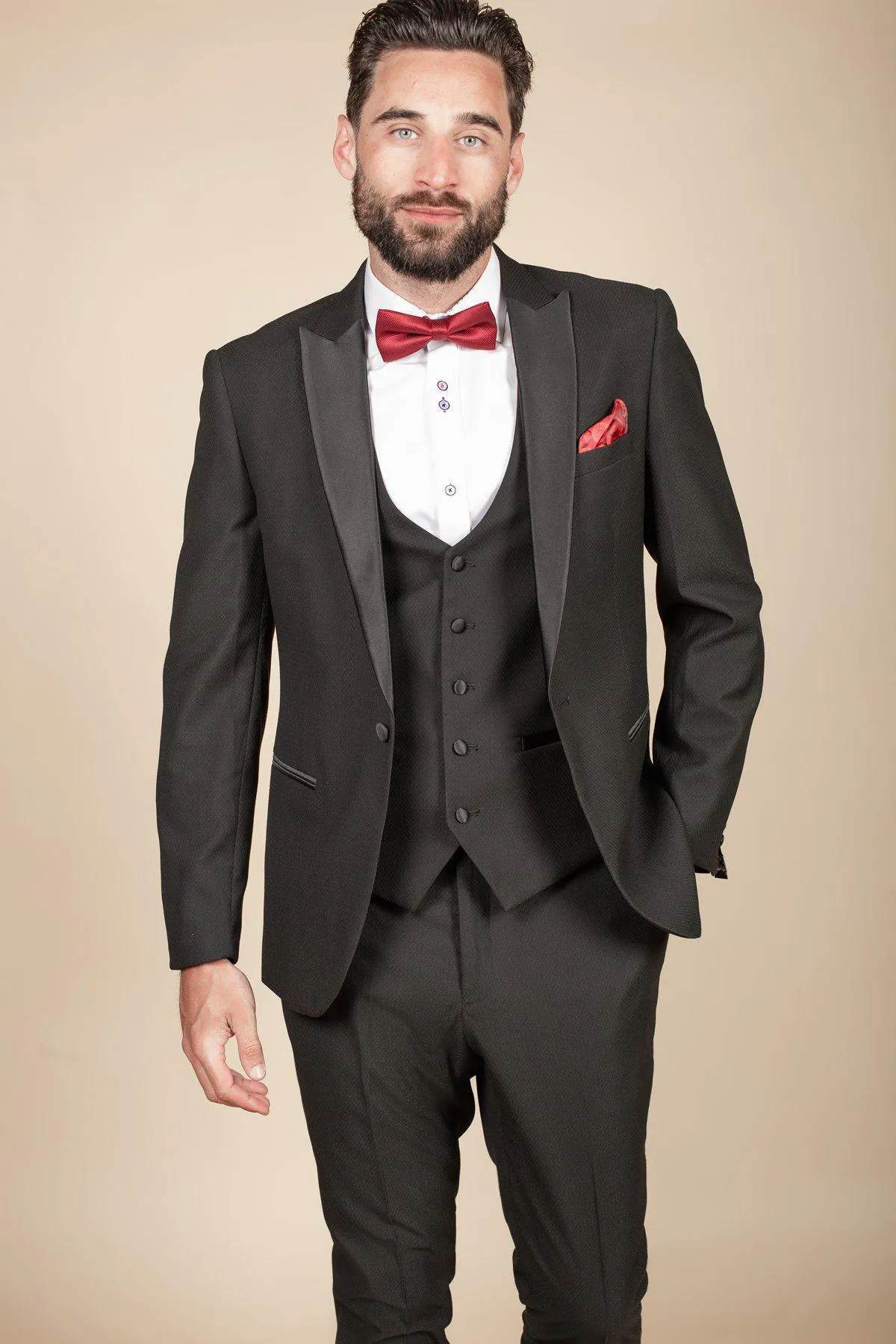 DALTON - Black Tux Lapel Diamond Three Piece Suit