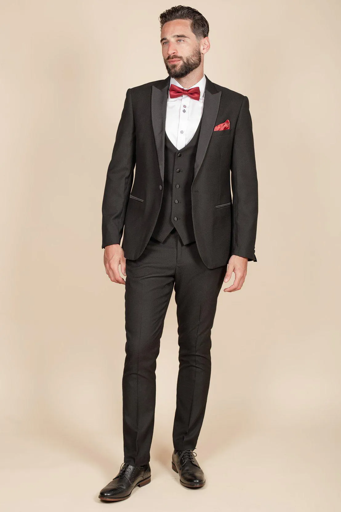 DALTON - Black Tux Lapel Diamond Three Piece Suit