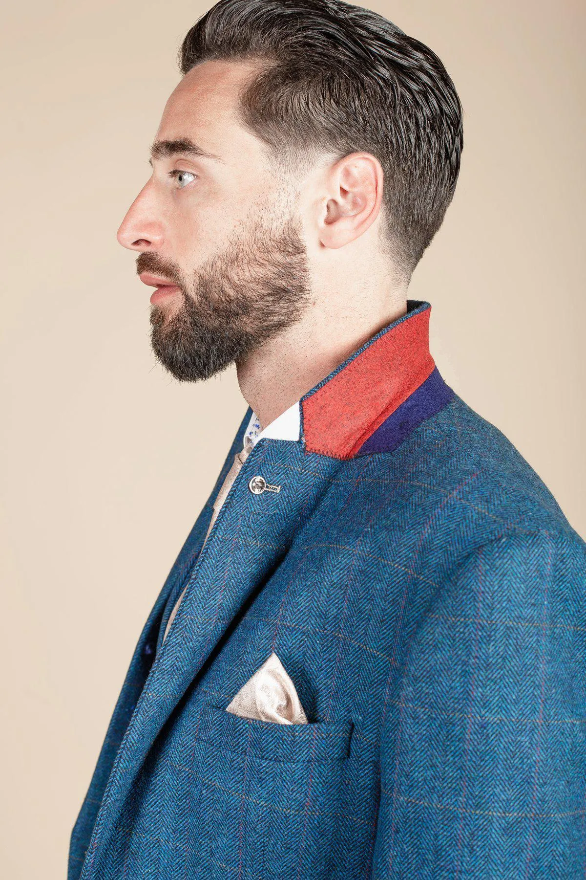 DION - Blue Tweed Check Suit With Kelvin Cream Waistcoat