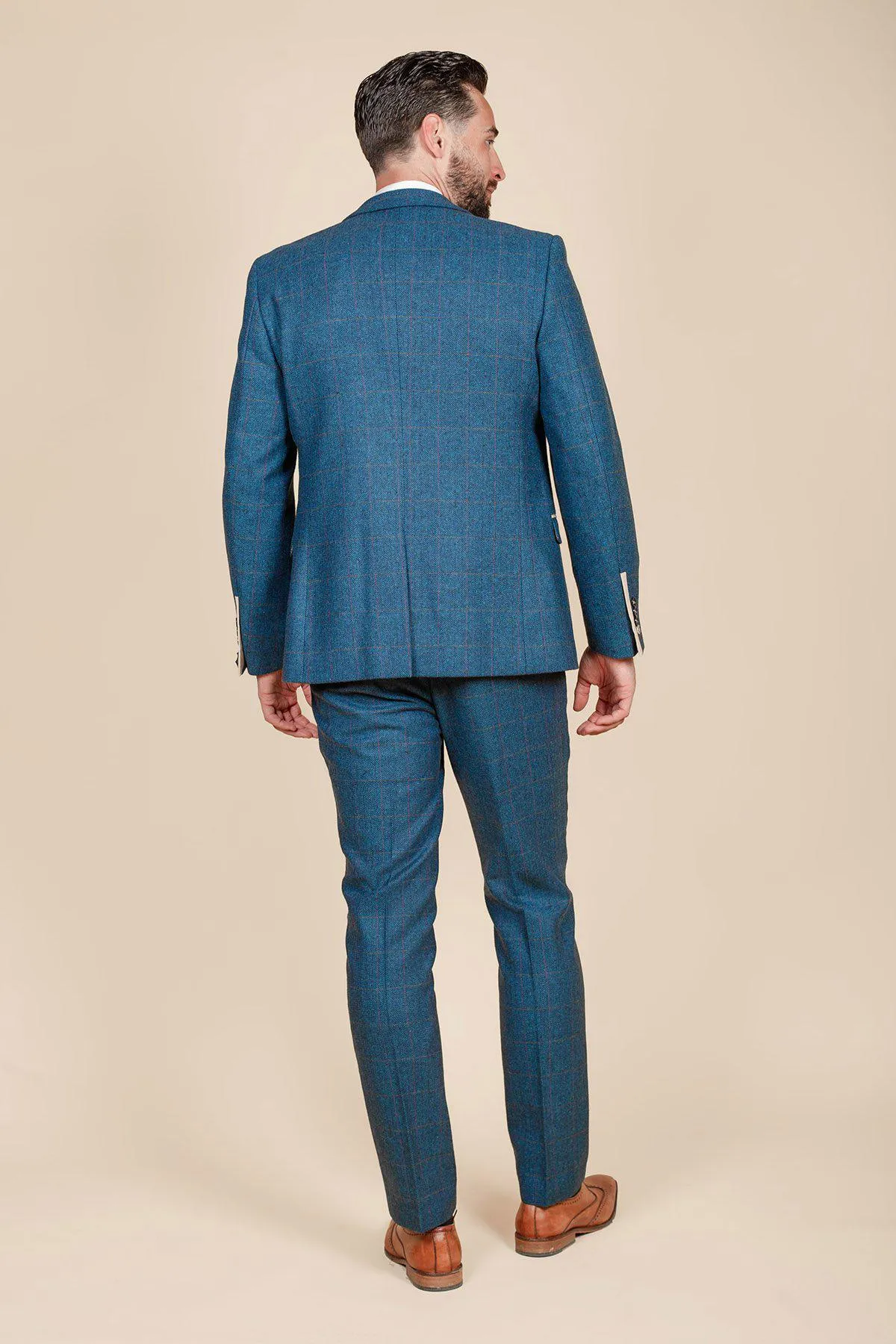 DION - Blue Tweed Check Suit With Kelvin Cream Waistcoat